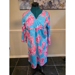 Buckhead Betties Dress Medium Blue Pink Floral Print V Neck 3/4 Sleeve